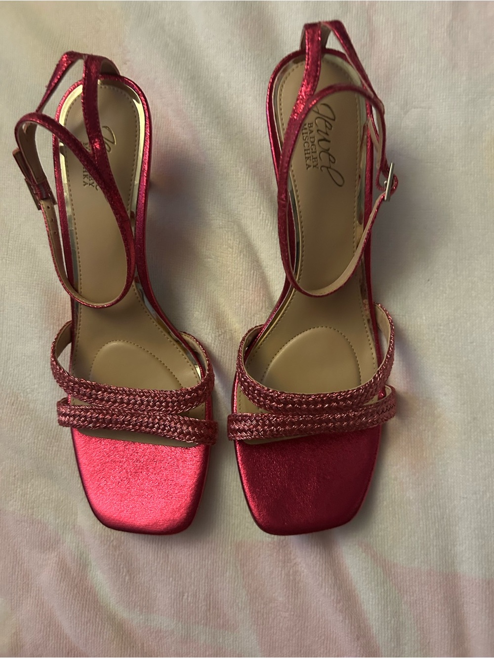 Jewel Badgley Mischka Metallic Pink Braided Strap Heels